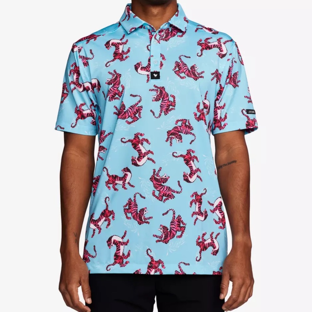 Bad Birdie Men's Tiger Watch Golf Polo Shirt Light Blue and Red Size XL